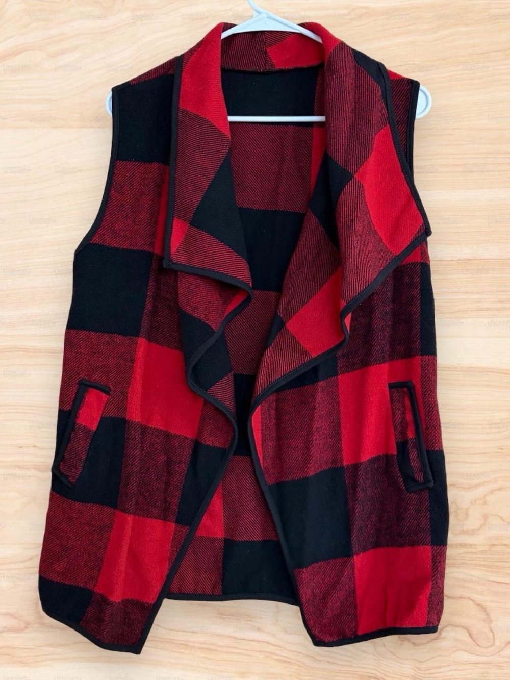 Red & Black Plaid Open-Front Women's Vest Jacket
